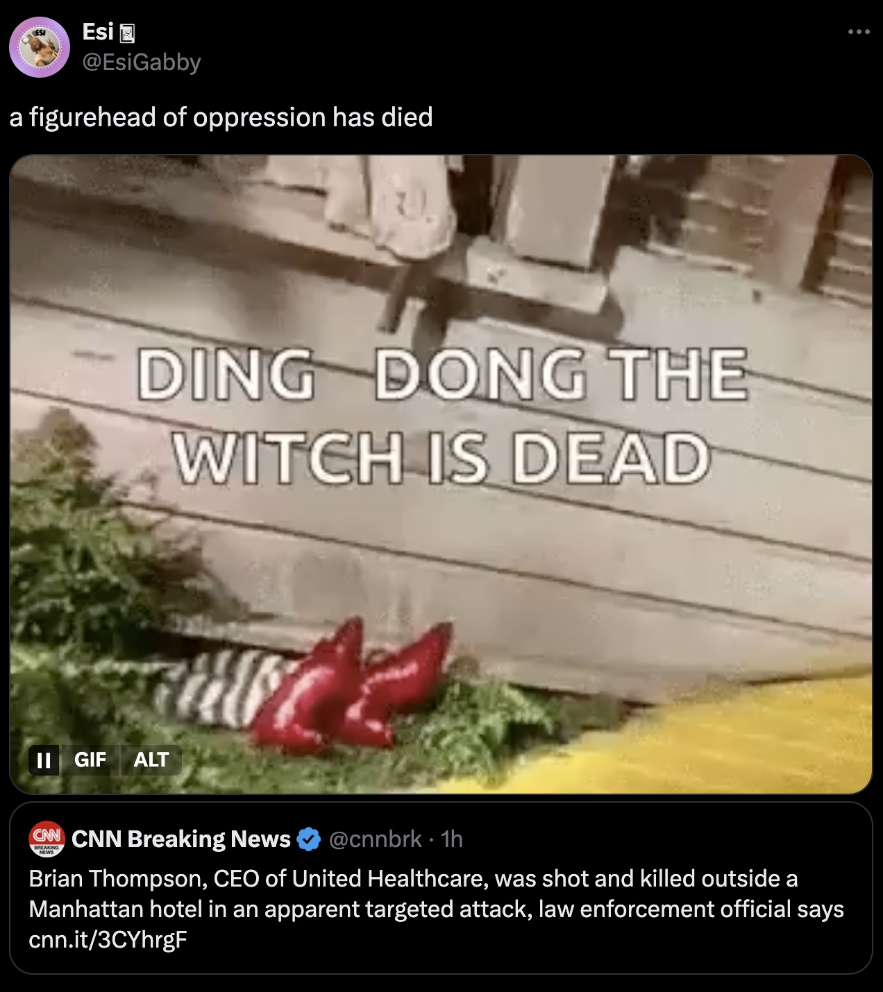 wicked witch is dead - Es Esi a figurehead of oppression has died Ding Dong The Witch Is Dead Ii Gif Alt Cnn Cnn Breaking News Breaking News 1h . Brian Thompson, Ceo of United Healthcare, was shot and killed outside a Manhattan hotel in an apparent target